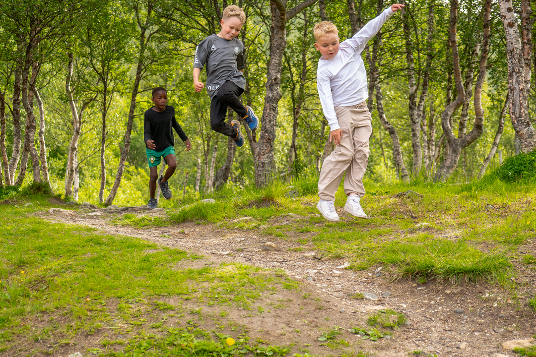 Barn som leker i skogen