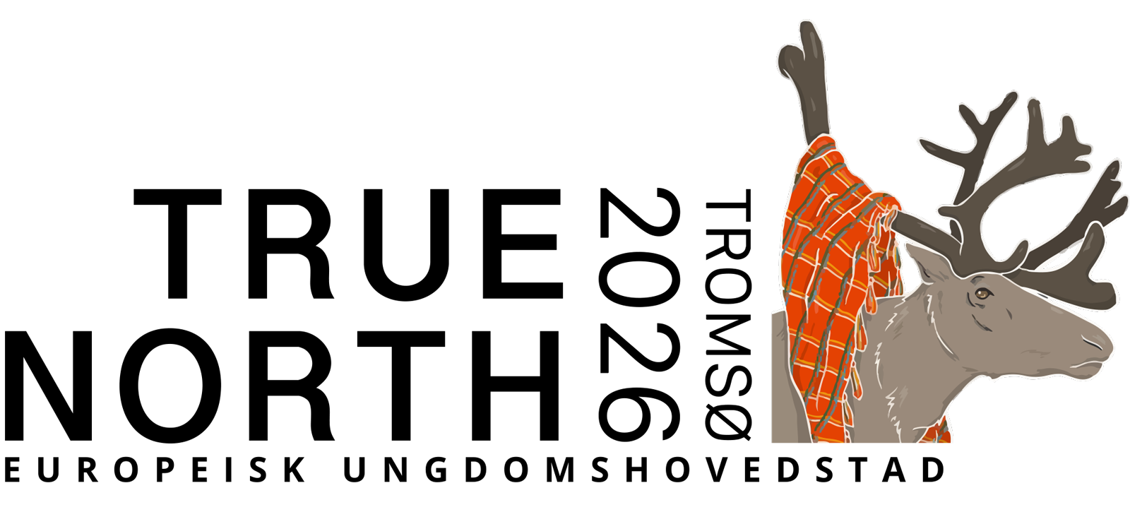 Logo: Truenorth.no som er hodet av en rein med et rødt sjal hengende over geviret