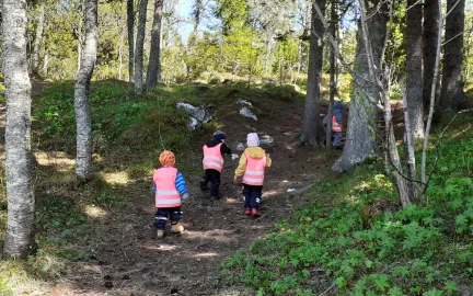 Barn på tur i skogen en sommerdag med grønt gress og høye trær