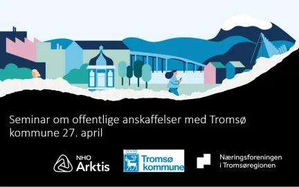 Banner som viser NHOs, Tromsø kommunes og Næringsforeningens logoer med illustrasjon av by i bakgrunnen.