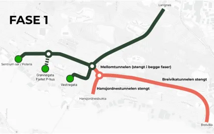 Kart som viser stengte og åpne tunneler