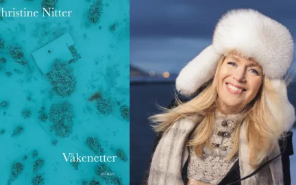 Til venstre: forsidebilde på boken Våkenetter. Til høyre: Kvinne med langt, blondt hår, hvit pelslue og skjerf smiler mot kamera. Foto.