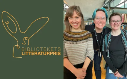 Til venstre illustrasjon med skriften 'Bibliotekets litteraturpris. Til høyre fotografi av tre personer som smiler mot kamera.