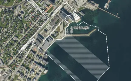 Flyfoto av området omtalt i Plan 1970 Områderegulering Sørbyen 