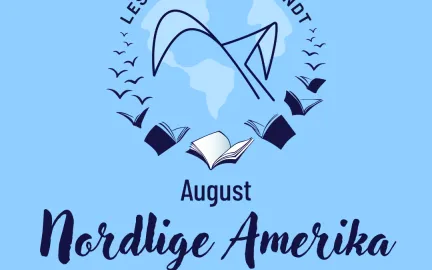 Bibliotekets logo med påskriften 'Les deg verden rundt' over og flygende bøker under.Illustrasjon.