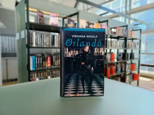 Ei bok med fronten vendt mot kamera. Bokens tittel er "Orlando." I bakgrunnen står det bokhyller. Foto