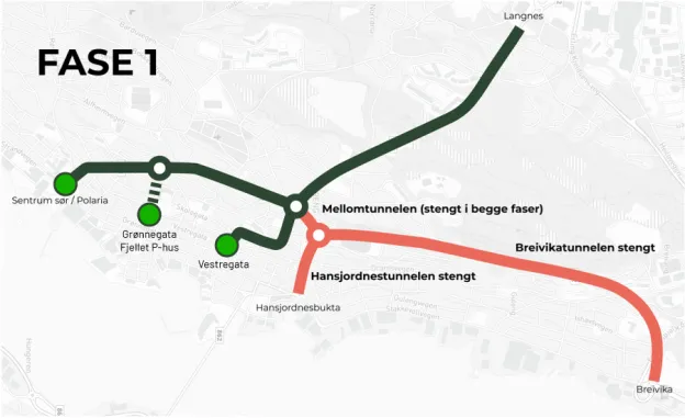 Kart som viser stengte og åpne tunneler